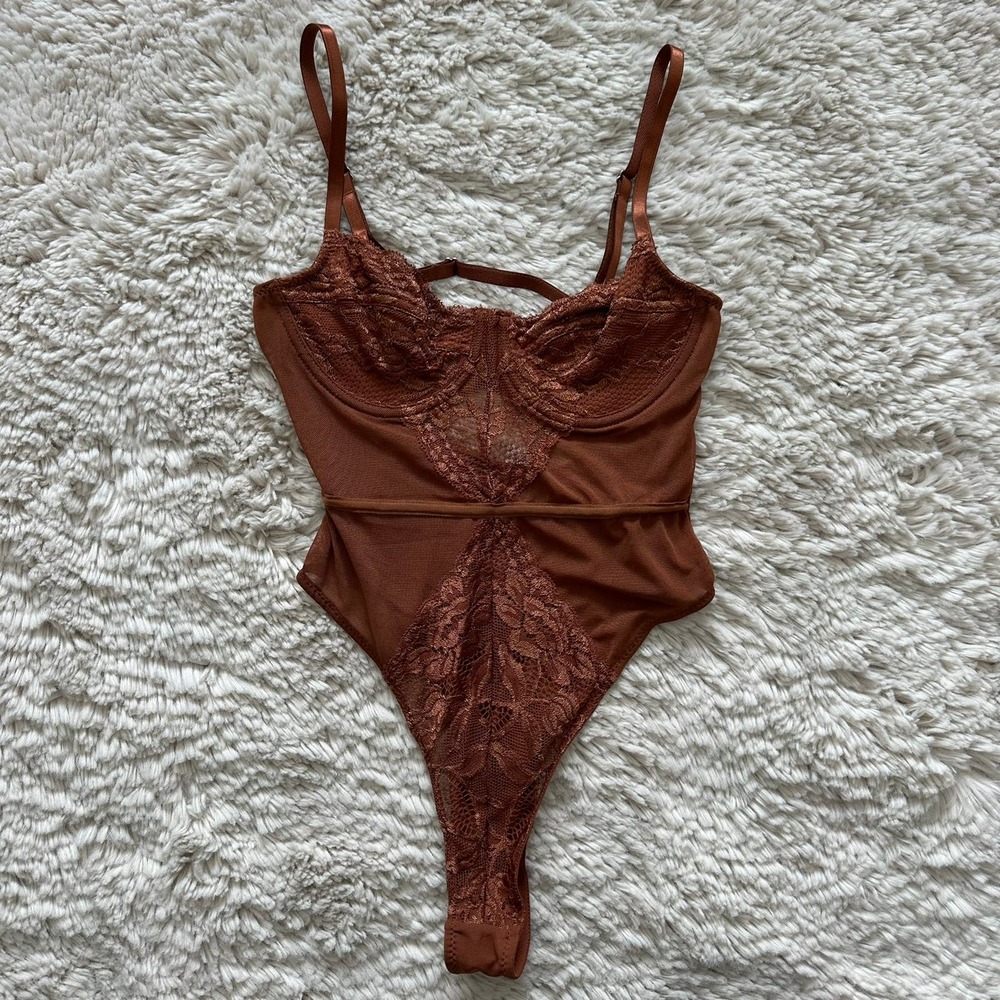 Brown Lace Lingerie Style Bodysuit With Underwire, Adjustable straps Womens Sz S